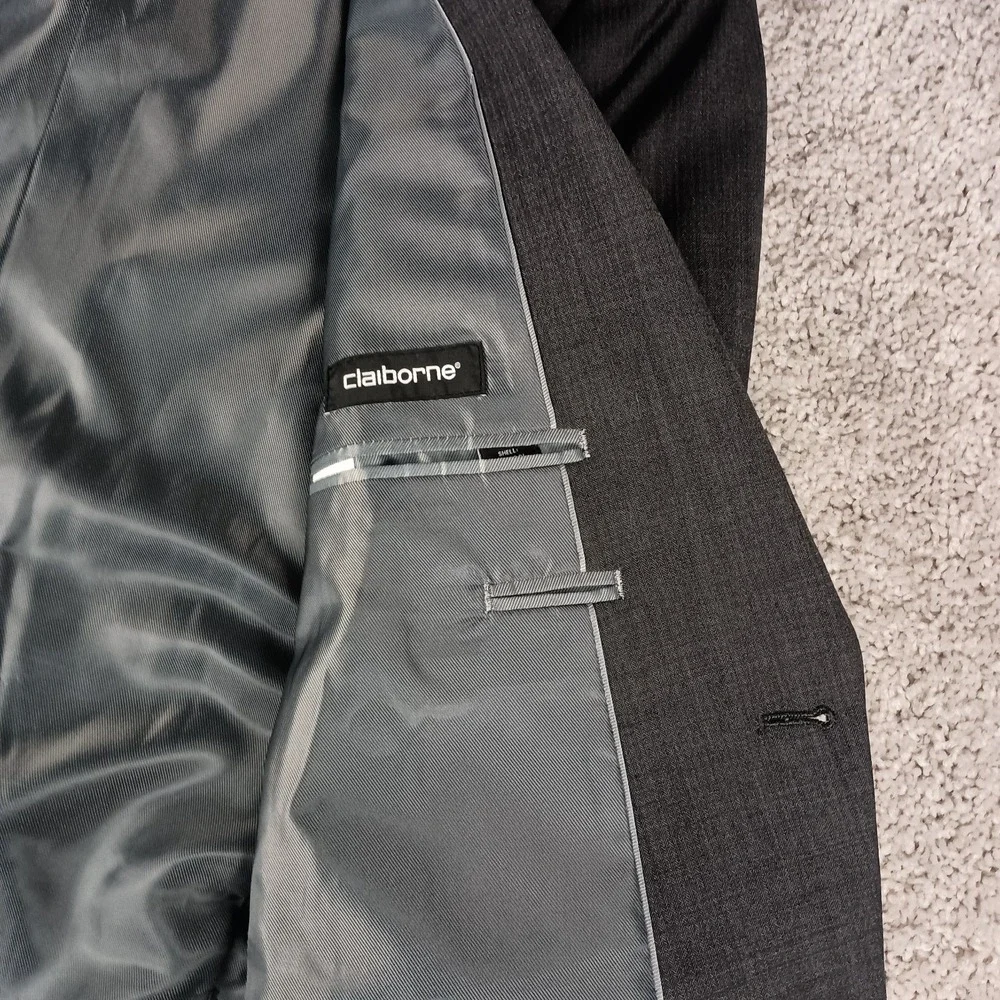 Claiborne 44R 42x30 Mens Suit Grey Herringbone‎ Wool Blend Modern Fit Stretch